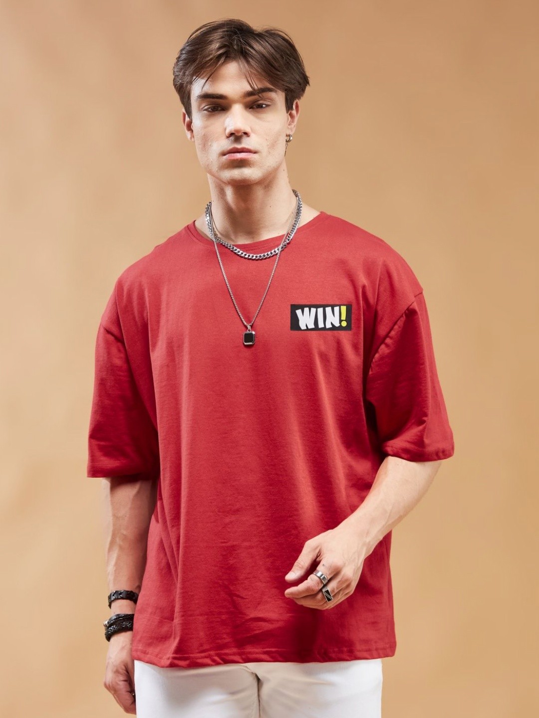 

SMARTEES Men Typography Printed Round Neck Cotton Oversized T-Shirt, Red