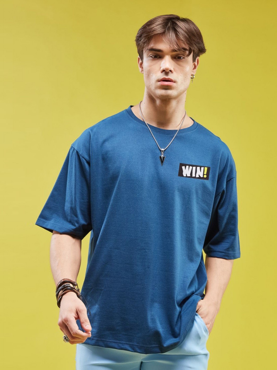 

SMARTEES Men Typography Printed Round Neck Cotton Oversized T-Shirt, Blue