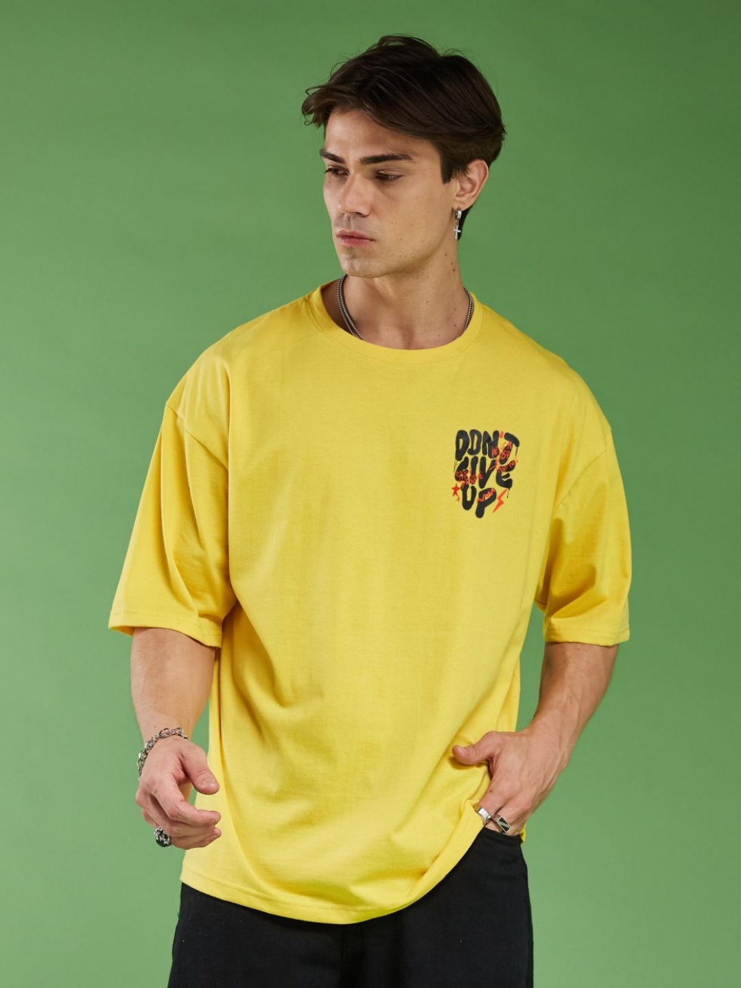 

SMARTEES Men Typography Printed Round Neck Cotton Oversized T-Shirt, Yellow