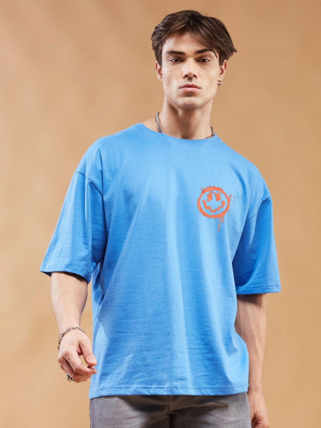 

SMARTEES Men Typography Printed Round Neck Cotton Oversized T-Shirt, Blue