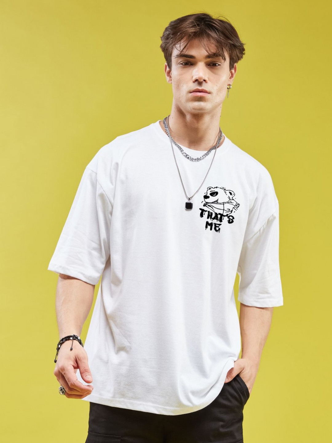 

SMARTEES Men Typography Printed Round Neck Cotton Oversized T-Shirt, White