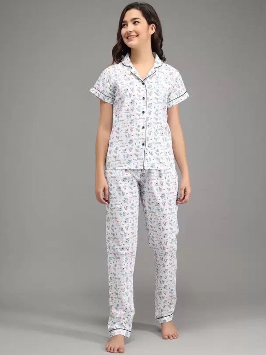 

SEPHANI Women Printed Pure Cotton Shirt and Pyjamas Night suit, White