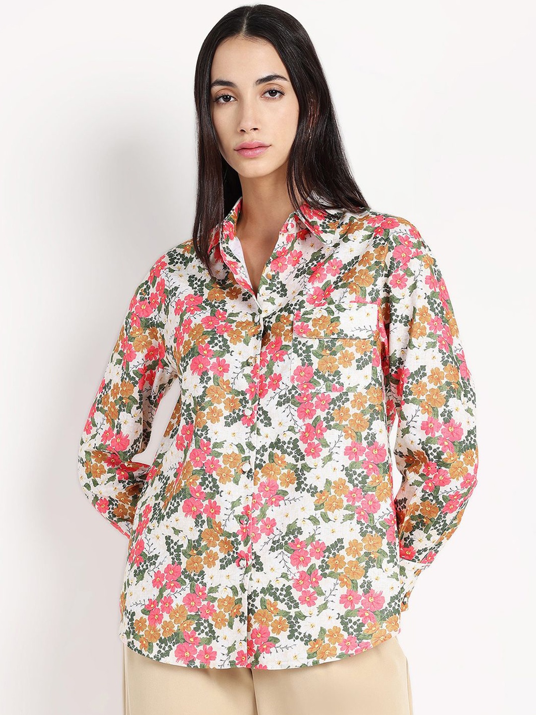 RAREISM Women Comfort Floral Printed Casual Shirt, White