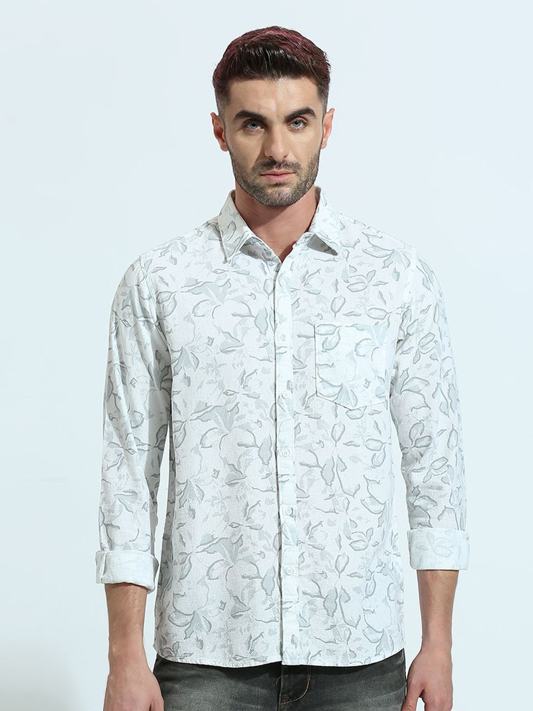 

Klub Fox Men Spread Collar Floral Printed Cotton Slim Fit Casual Shirt, White