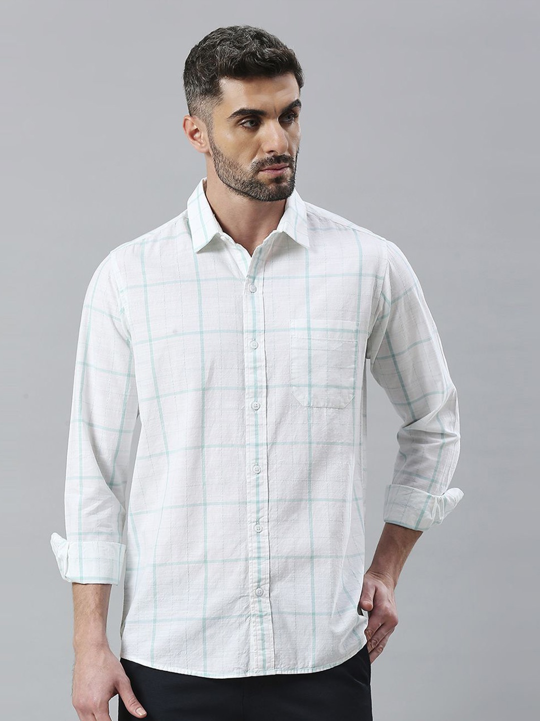 

Klub Fox Men Spread Collar Checked Cotton Slim Fit Casual Shirt, White