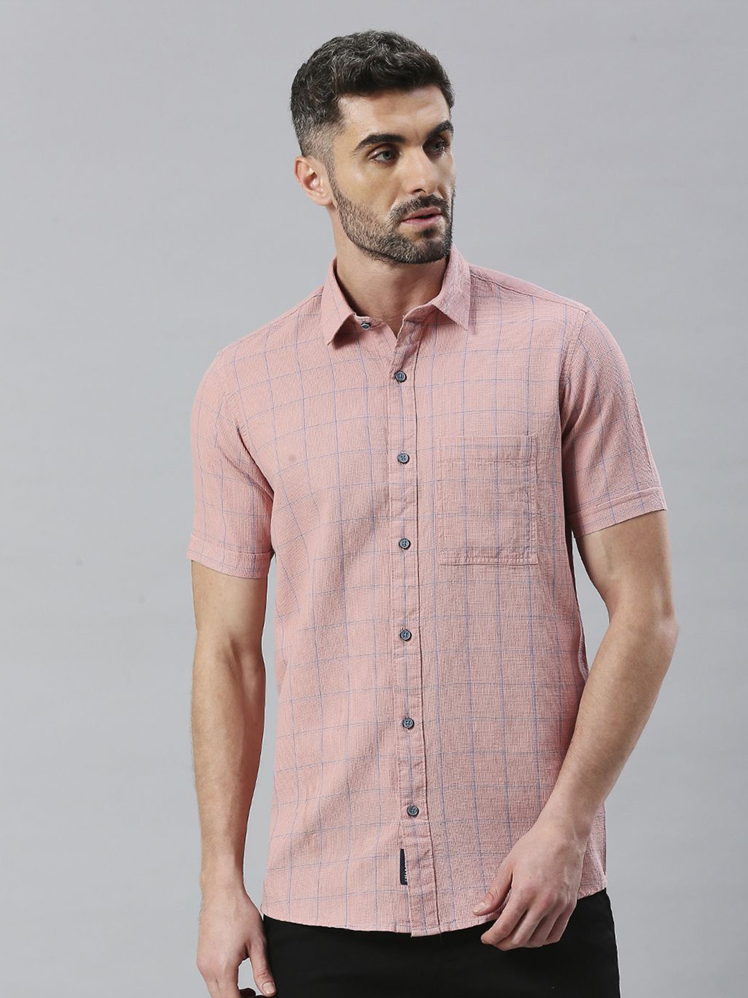 

Klub Fox Men Spread Collar Checked Cotton Slim Fit Casual Shirt, Pink