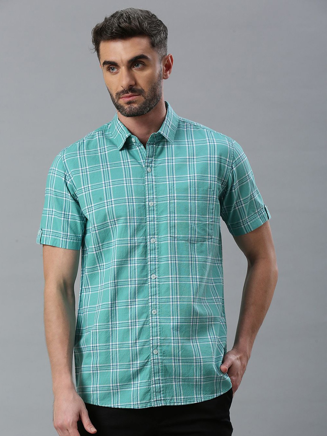 

Klub Fox Men Spread Collar Tartan Checked Cotton Slim Fit Casual Shirt, Turquoise blue