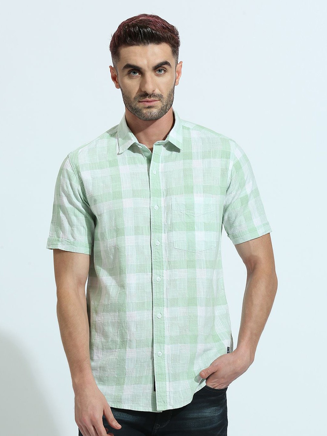 

Klub Fox Men Spread Collar Checked Cotton Slim Fit Casual Shirt, Green