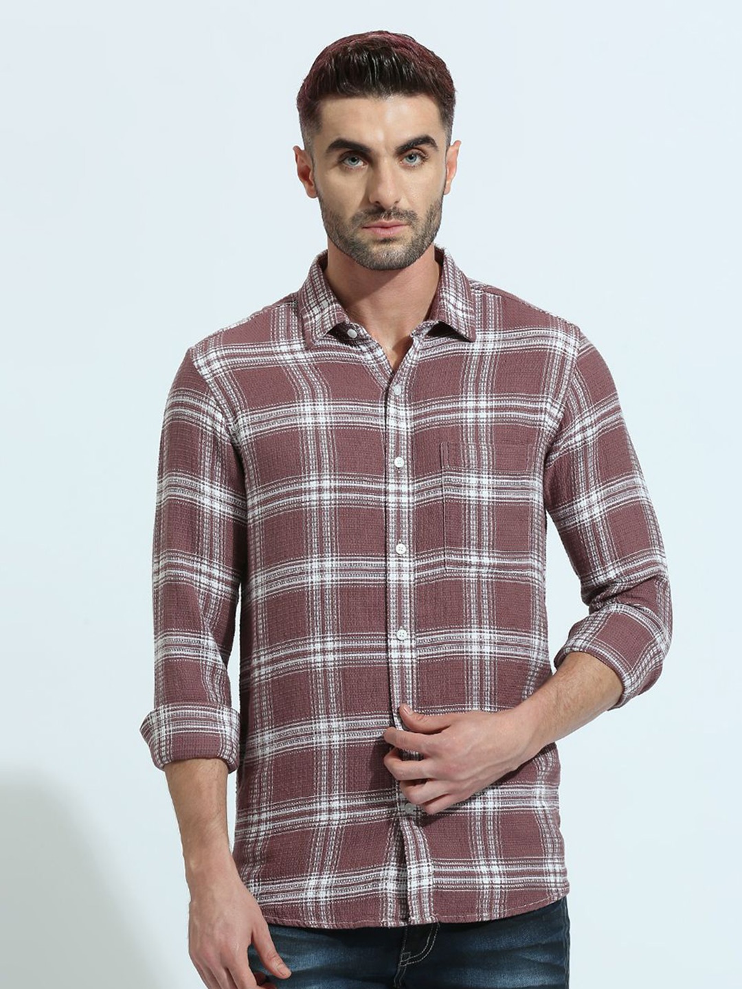 

Klub Fox Men Spread Collar Tartan Checked Cotton Slim Fit Casual Shirt, Pink