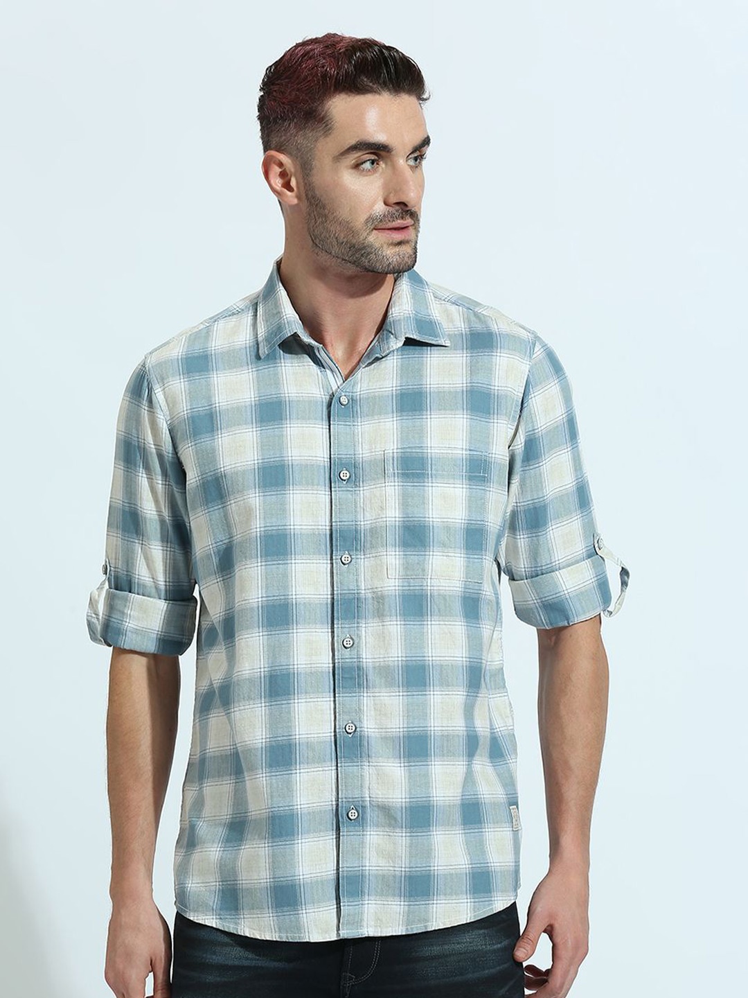 

Klub Fox Men Spread Collar Tartan Checked Cotton Slim Fit Casual Shirt, Blue