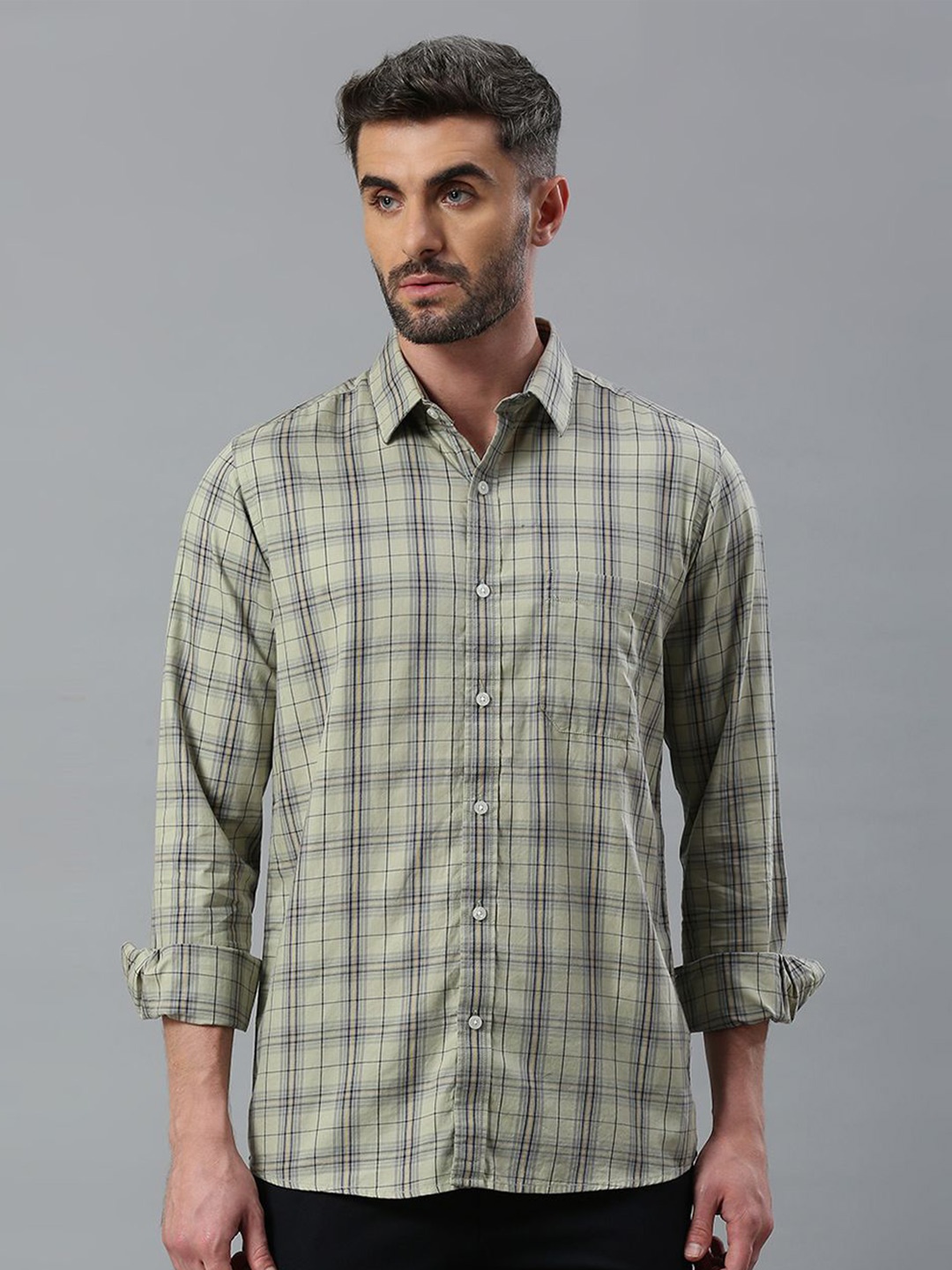 

Klub Fox Men Spread Collar Tartan Checked Cotton Slim Fit Casual Shirt, Olive