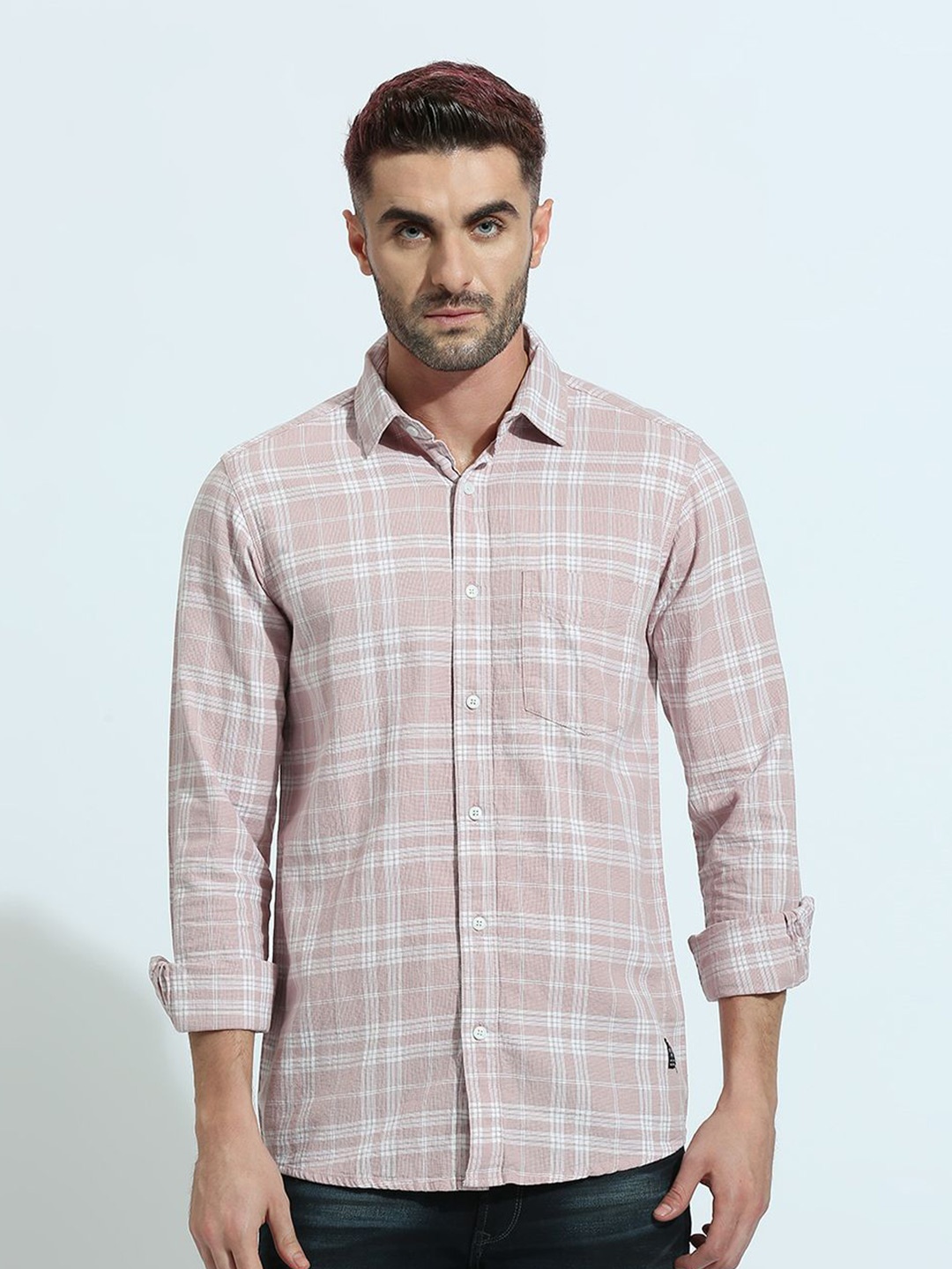 

Klub Fox Men Spread Collar Tartan Checked Cotton Slim Fit Casual Shirt, Pink