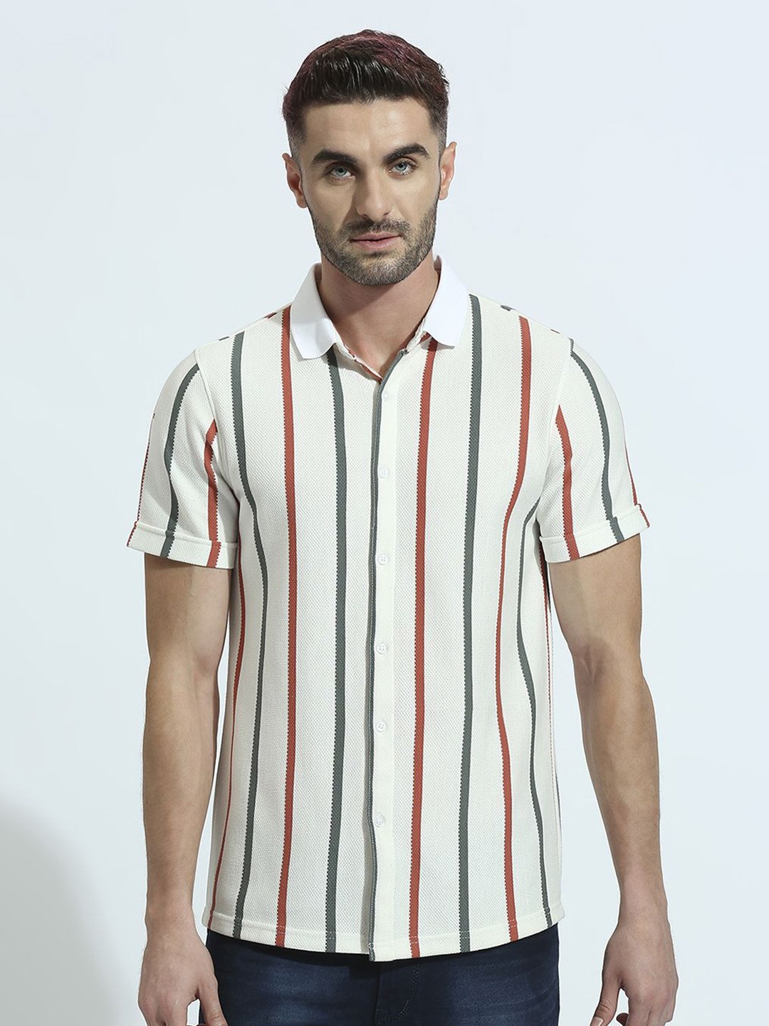 

Klub Fox Men Spread Collar Striped Polycotton Slim Fit Casual Shirt, White