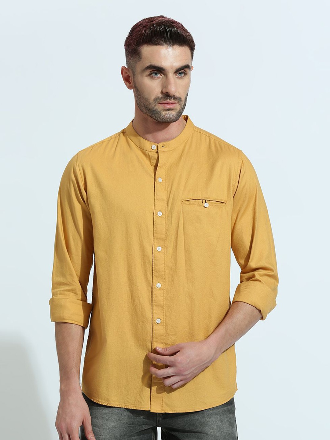 

Klub Fox Men Mandarin Collar Solid Cotton Slim Fit Casual Shirt, Mustard