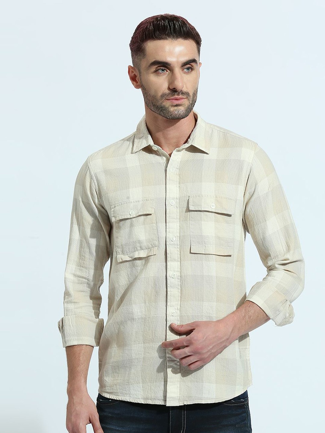 

Klub Fox Men Spread Collar Checked Cotton Slim Fit Casual Shirt, Beige