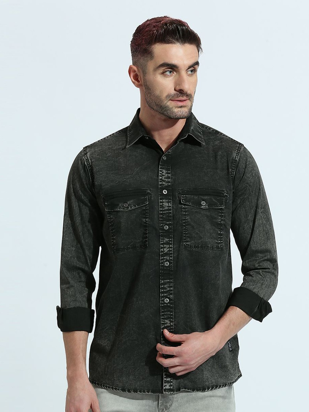 

Klub Fox Men Spread Collar Solid Cotton Slim Fit Casual Shirt, Black