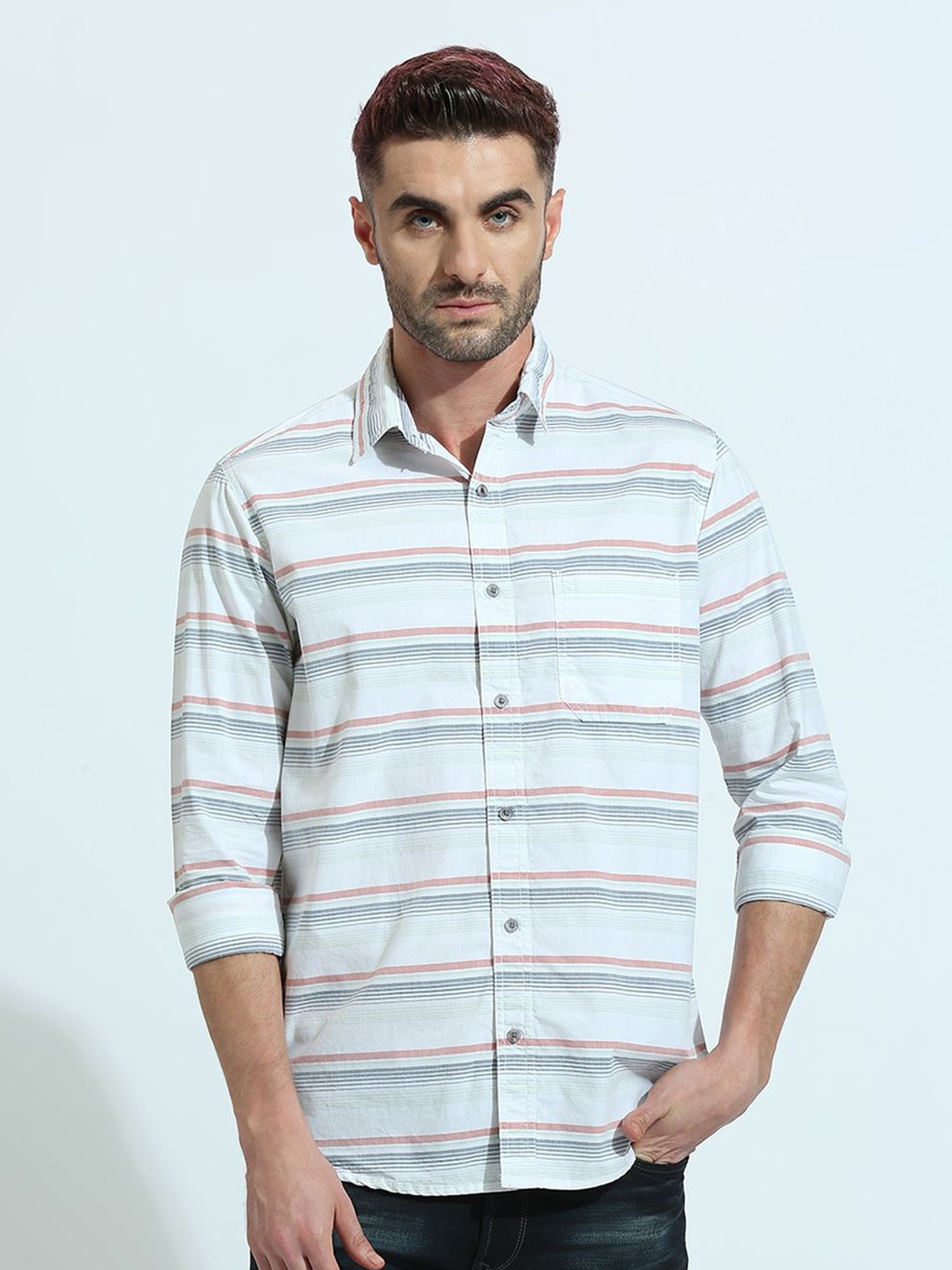 

Klub Fox Men Spread Collar Striped Cotton Slim Fit Casual Shirt, Grey