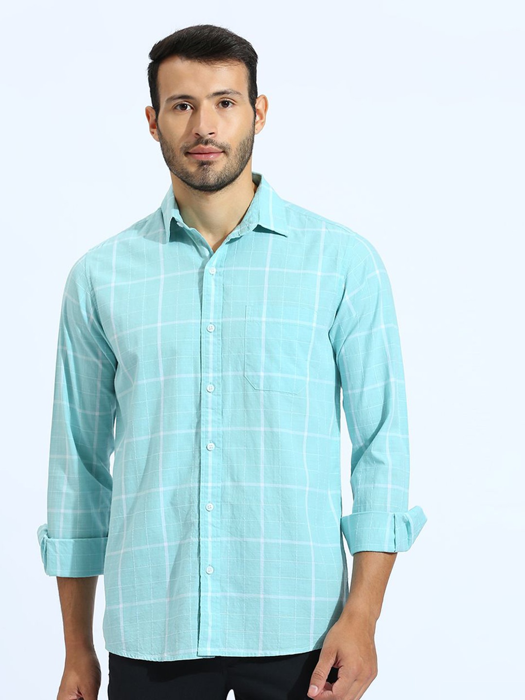 

Klub Fox Men Spread Collar Checked Cotton Slim Fit Casual Shirt, Sea green