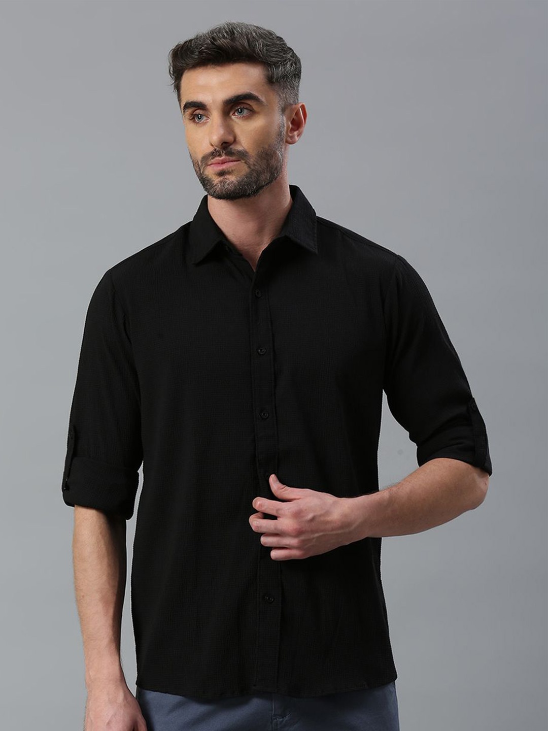 

Klub Fox Men Spread Collar Solid Cotton Slim Fit Casual Shirt, Black