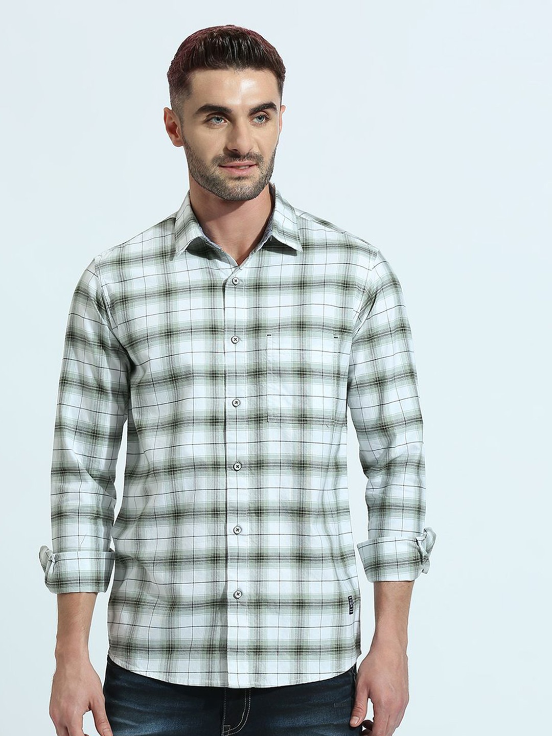 

Klub Fox Men Spread Collar Tartan Checked Cotton Slim Fit Casual Shirt, Olive