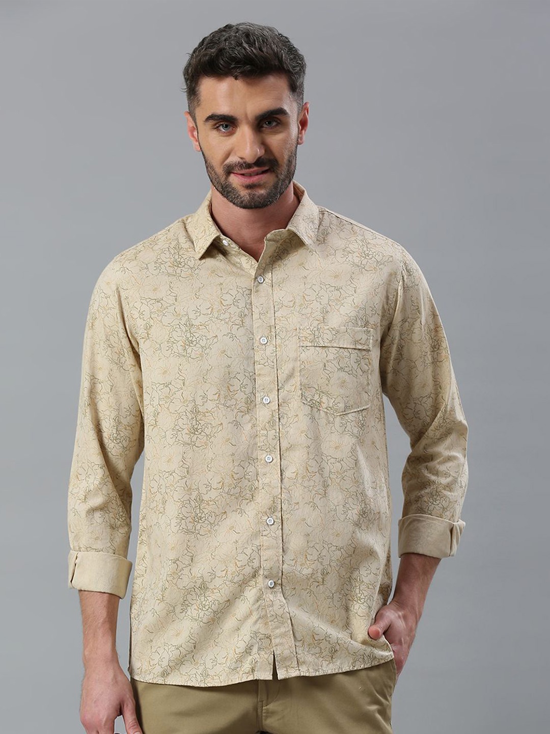 

Klub Fox Men Spread Collar Floral Printed Cotton Slim Fit Casual Shirt, Beige