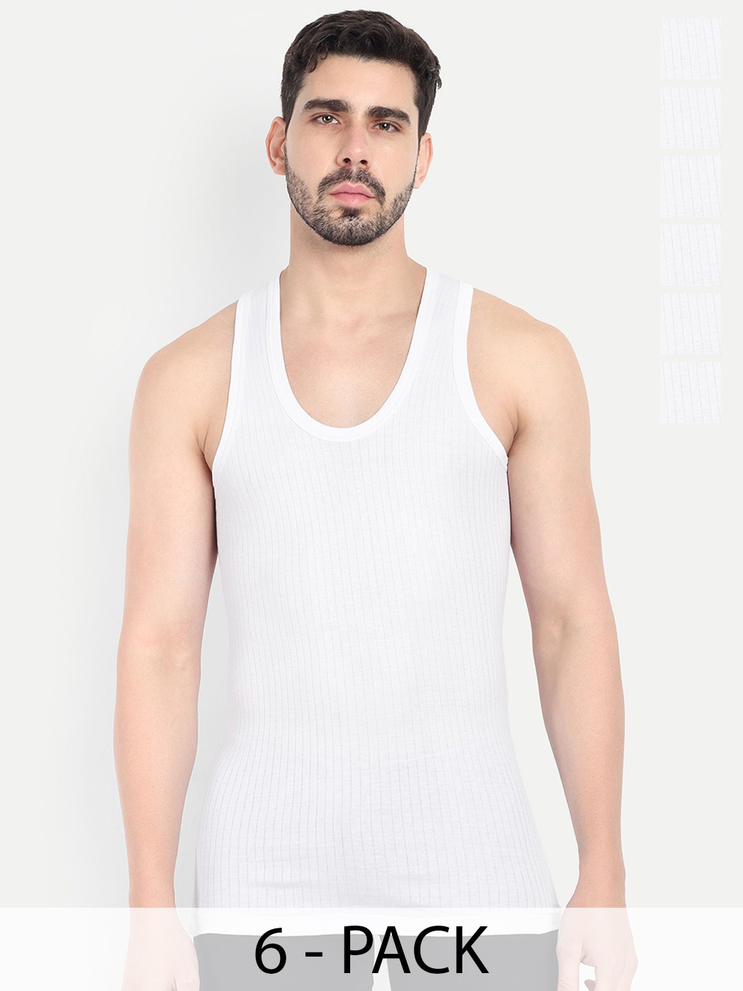 

KANSAL Pack Of 6 Striped Cotton Basic Vests, White