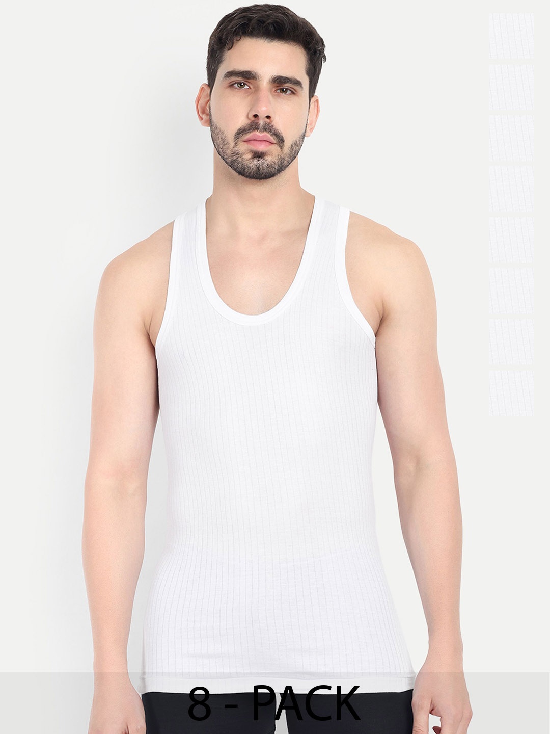 

KANSAL Pack Of 8 Men Super Combed Cotton Drop Needle Tank Vests- 11-PARKER_P8_95, White