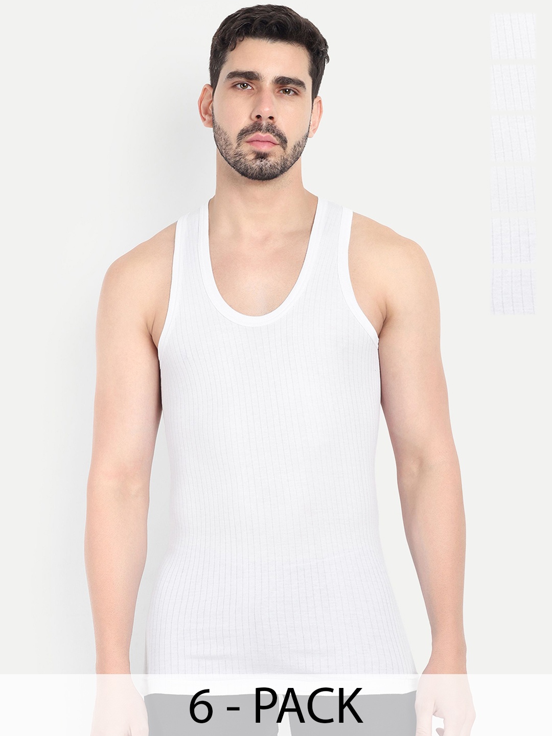 

KANSAL Pack Of 6 Men Striped Cotton Basic Vests, White
