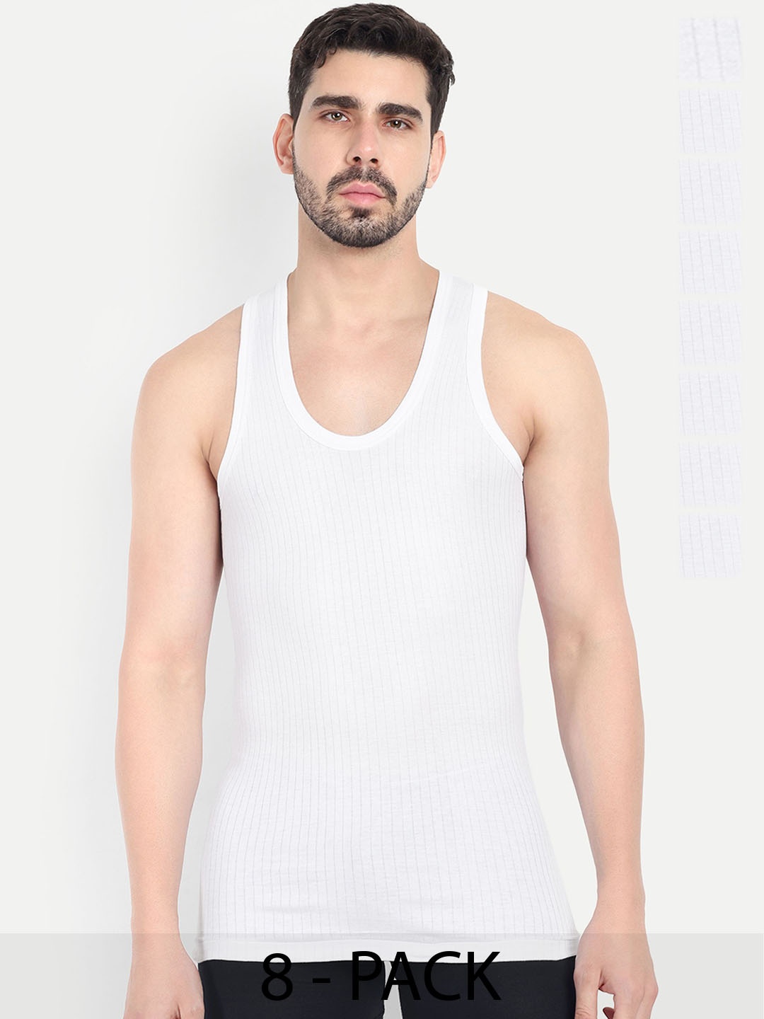 

KANSAL Pack Of 8 Striped Cotton Basic Vests 11-PARKER_P8_80, White