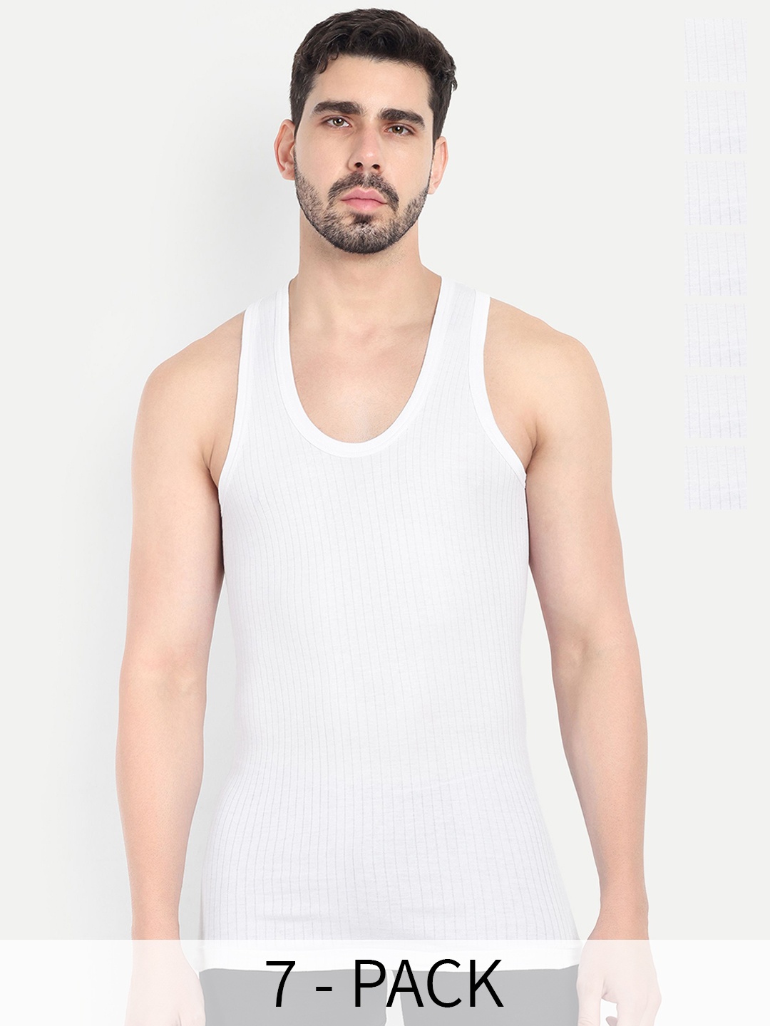 

KANSAL Pack Of 7 Men Striped Cotton Basic Vests 10-PARKER_P7_100, White