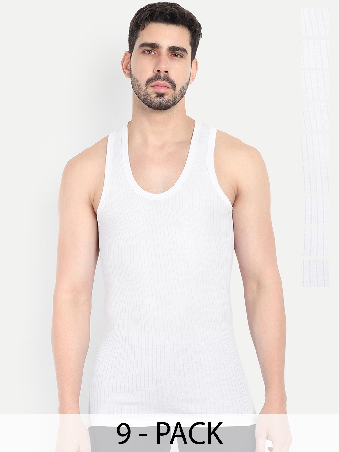 

KANSAL Pack Of 9 Striped Cotton Basic Vests, White