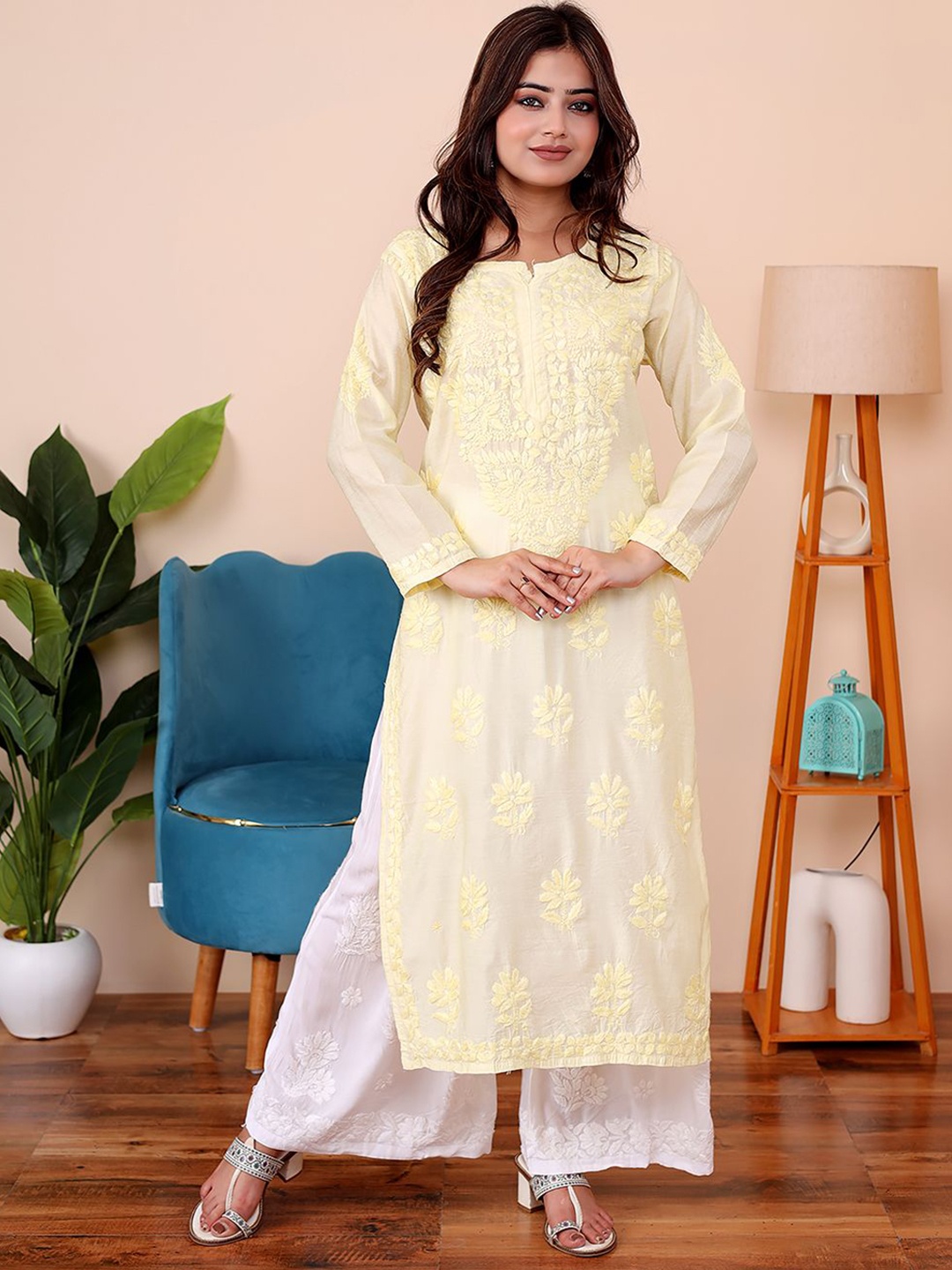 

The Chikan Label Floral Embroidered Notch Neck Chikankari Organic Cotton Straight Kurta, Yellow