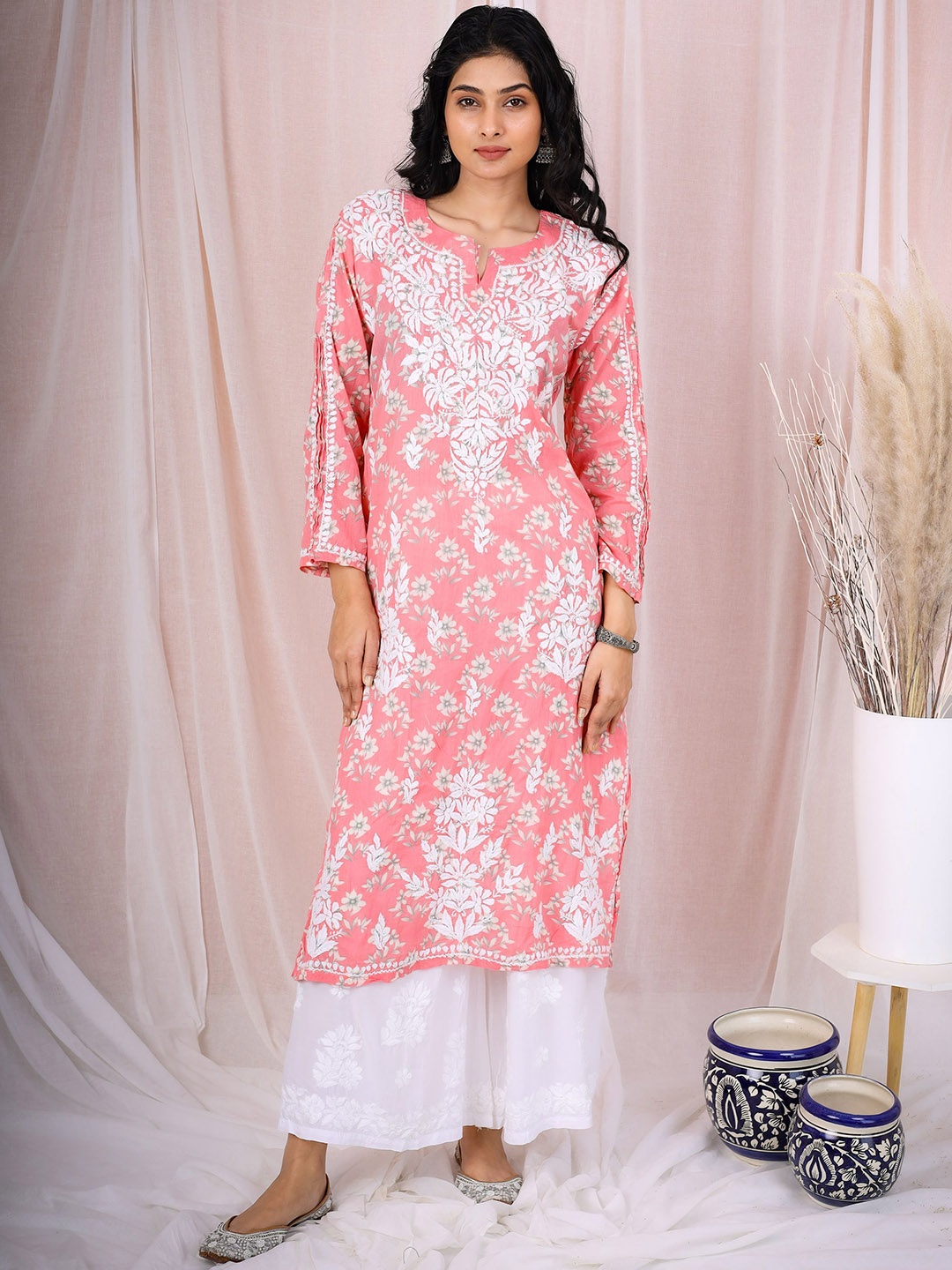 

The Chikan Label Floral Printed Chikankari Organic Cotton Straight Kurta, Peach