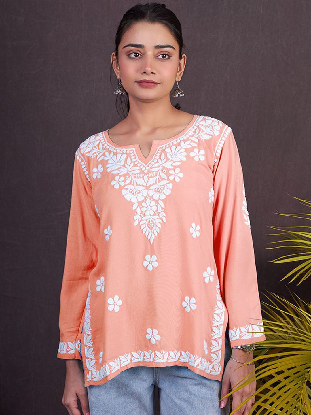 

The Chikan Label Floral Embroidered Organic Cotton Kurti, Orange