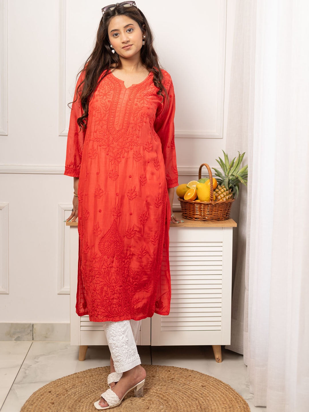 

The Chikan Label Floral Printed Thread Work Organic Cotton Kurta, Red