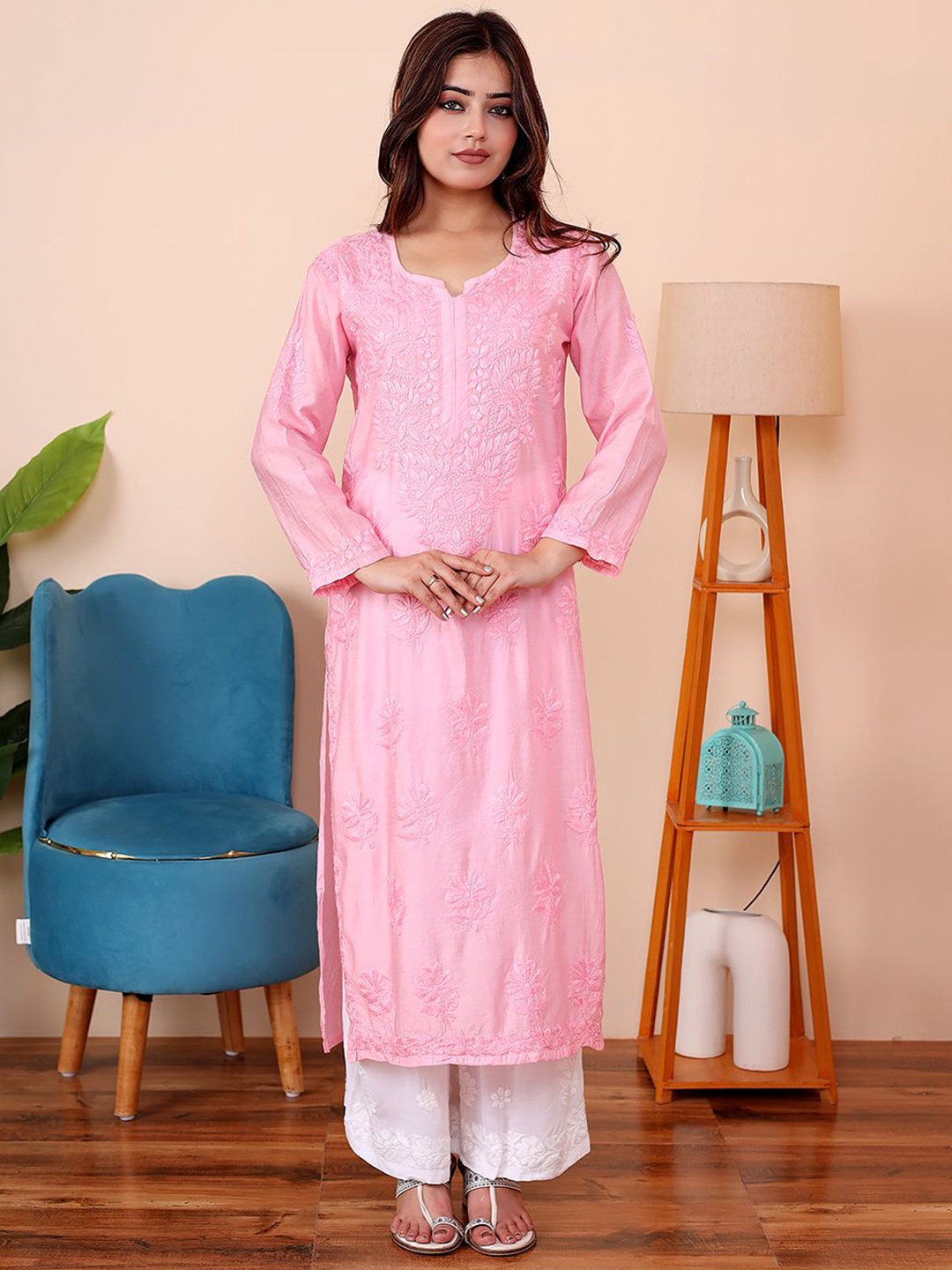 

The Chikan Label Floral Embroidered Notch Neck Chikankari Organic Cotton Straight Kurta, Pink