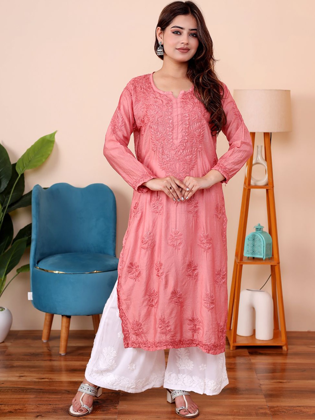 

The Chikan Label Floral Embroidered Notch Neck Thread Work Organic Cotton Straight Kurta, Coral