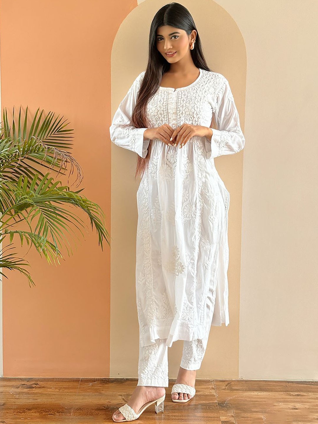 

The Chikan Label Round Neck Embroidered Organic Cotton Straight Kurta, White