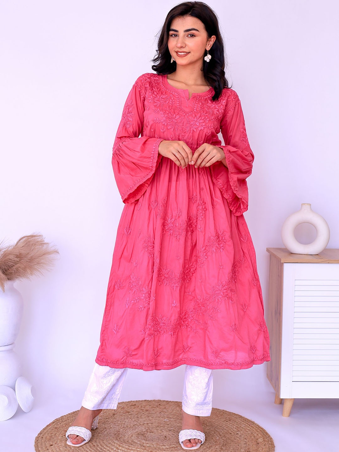 

The Chikan Label Floral Embroidered Chikankari Organic Cotton Pleated Anarkali Kurta, Pink