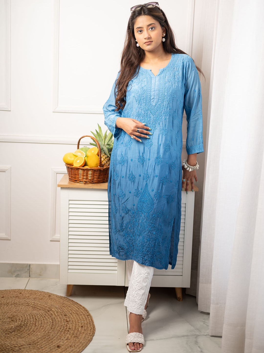 

The Chikan Label Printed Thread Work Organic Cotton Kurta, Blue