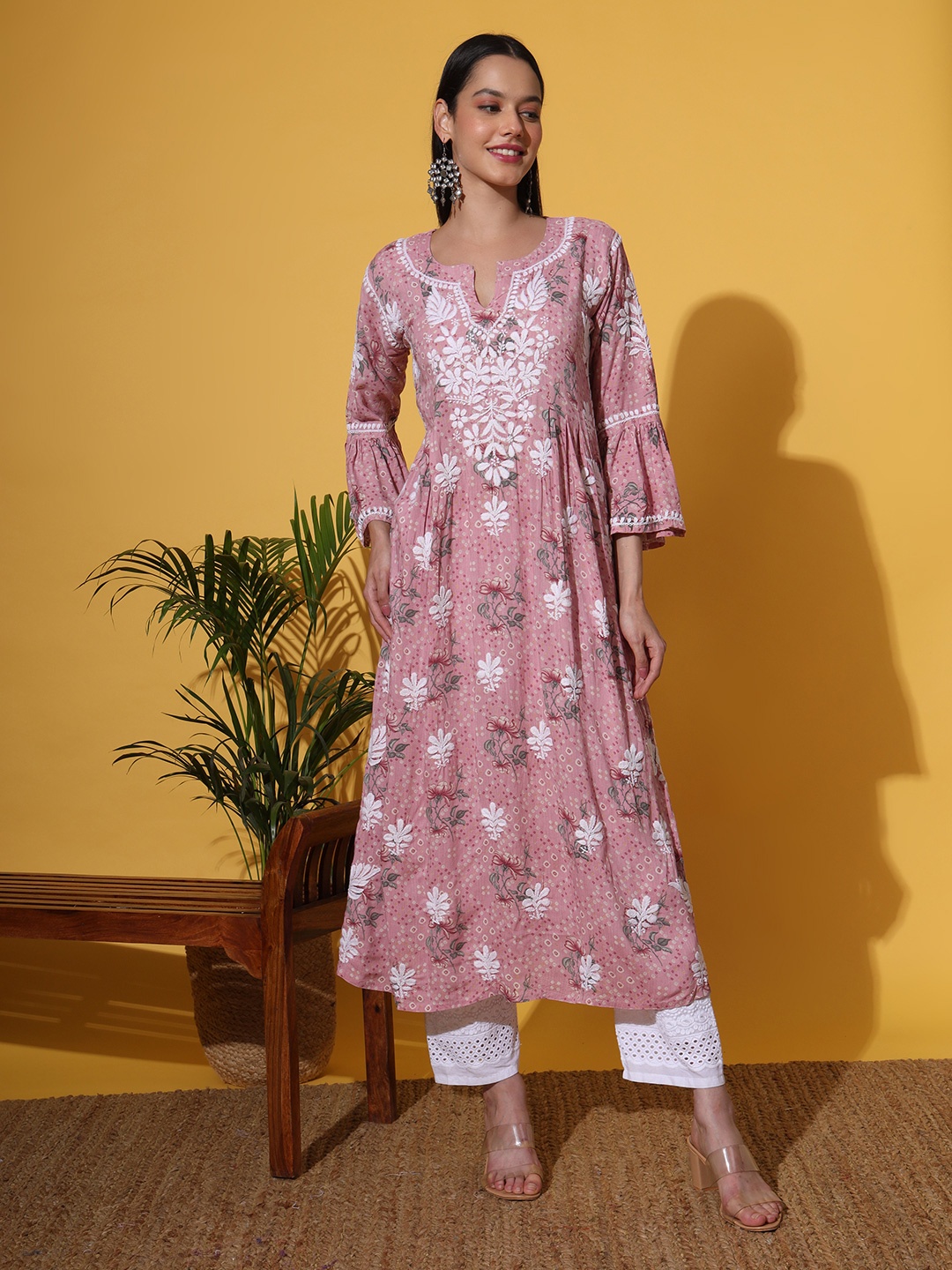 

The Chikan Label Floral Embroidered Thread Work Organic Cotton Straight Kurta, Pink