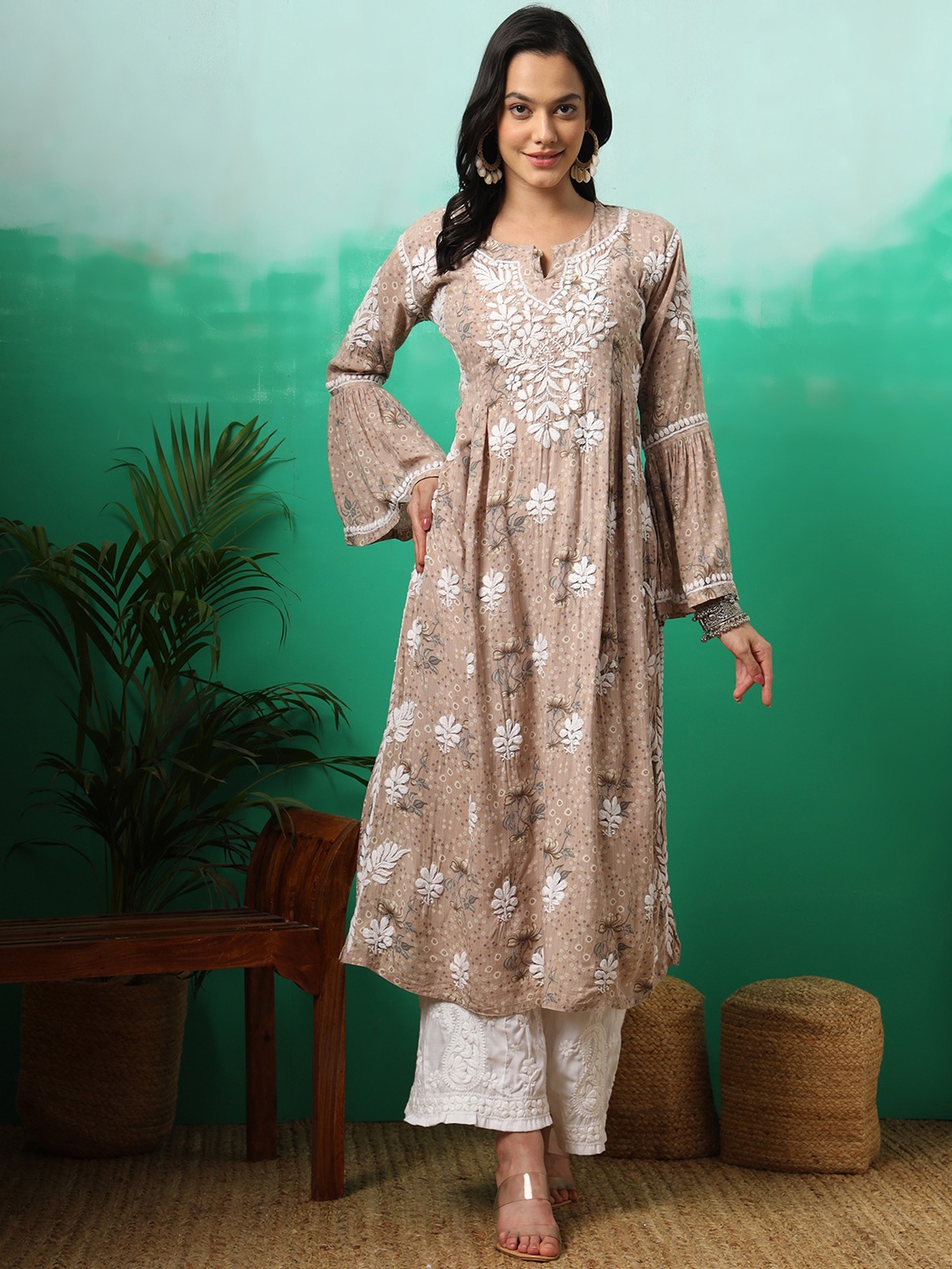 

The Chikan Label Floral Printed Flared Sleeves Organic Cotton A Line Kurta, Beige