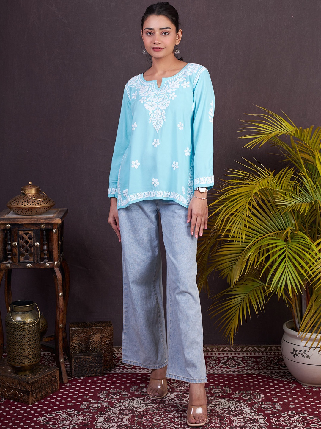 

The Chikan Label Floral Embroidered Chikankari Organic Cotton Straight Kurti, Blue