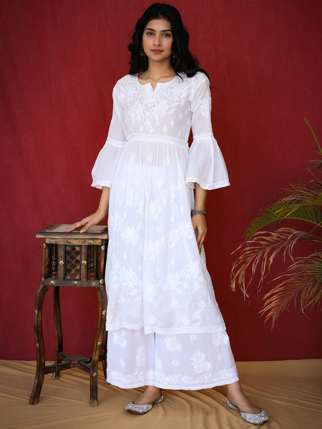 

The Chikan Label Floral Embroidered Organic Cotton Anarkali Kurta, White