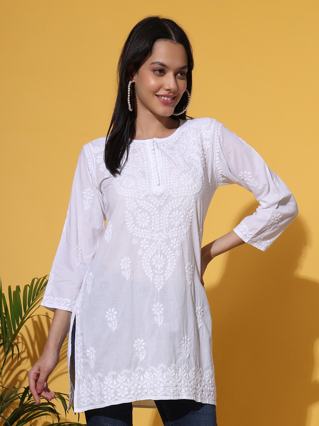 The Chikan Label Floral Thread Work Organic Cotton Short Kurta, White