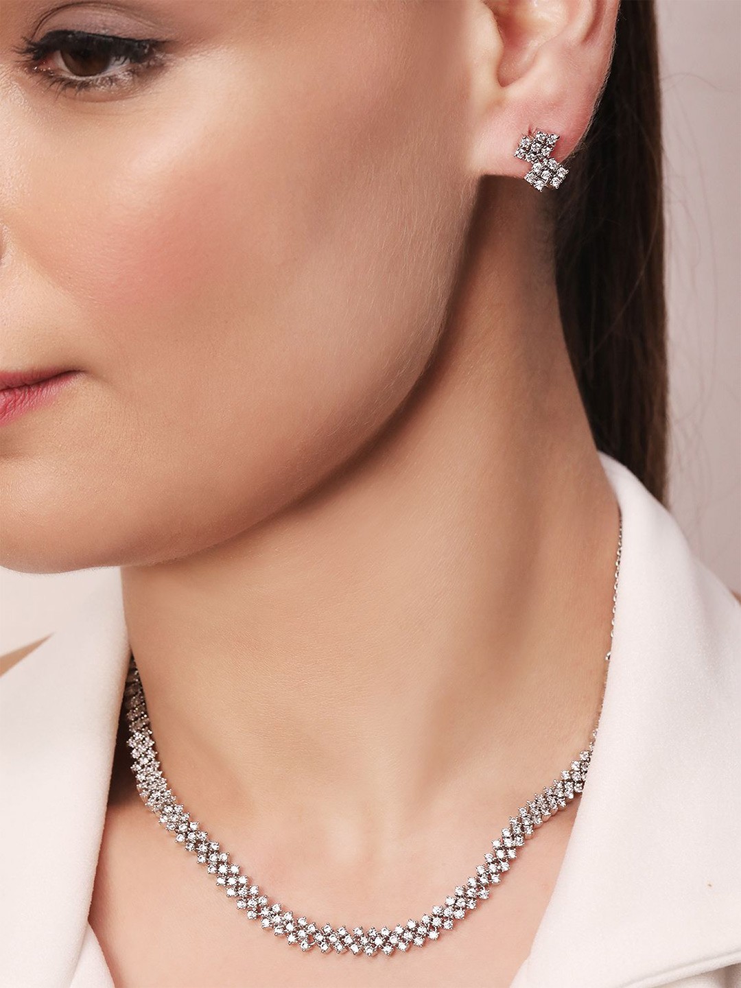 

Zavya 925 Pure Silver Rhodium-Plated Cubic Zirconia Studded Necklace & Earrings