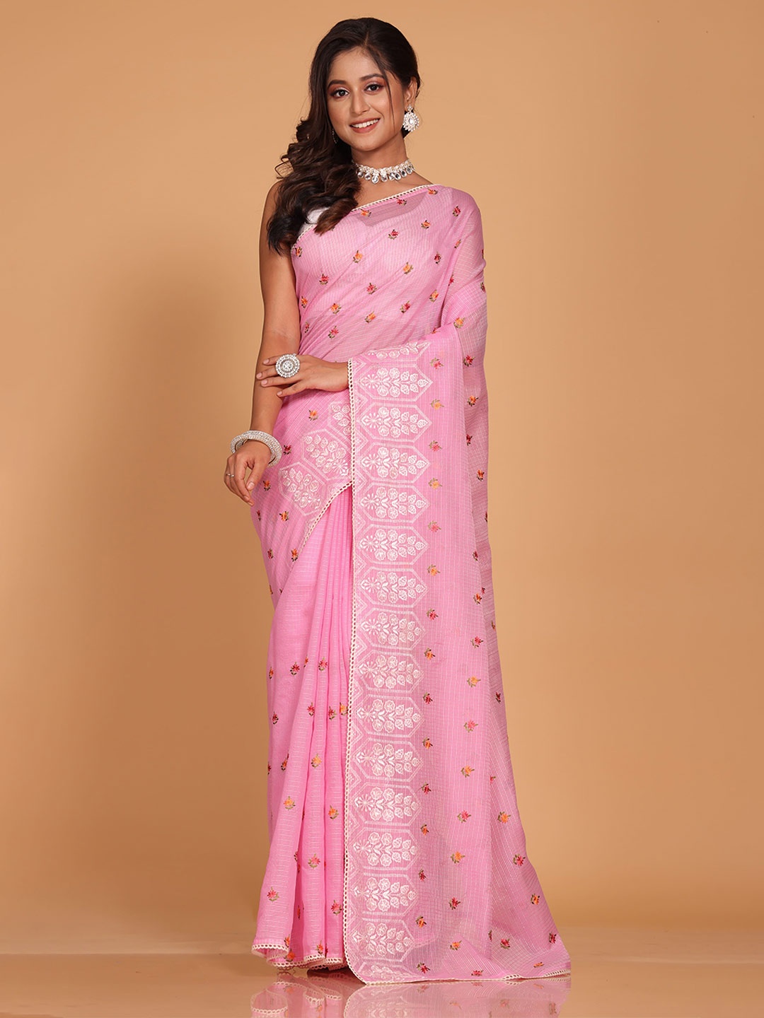 

Morchari Pure Cotton Floral Embroidered Festiver Saree, Pink