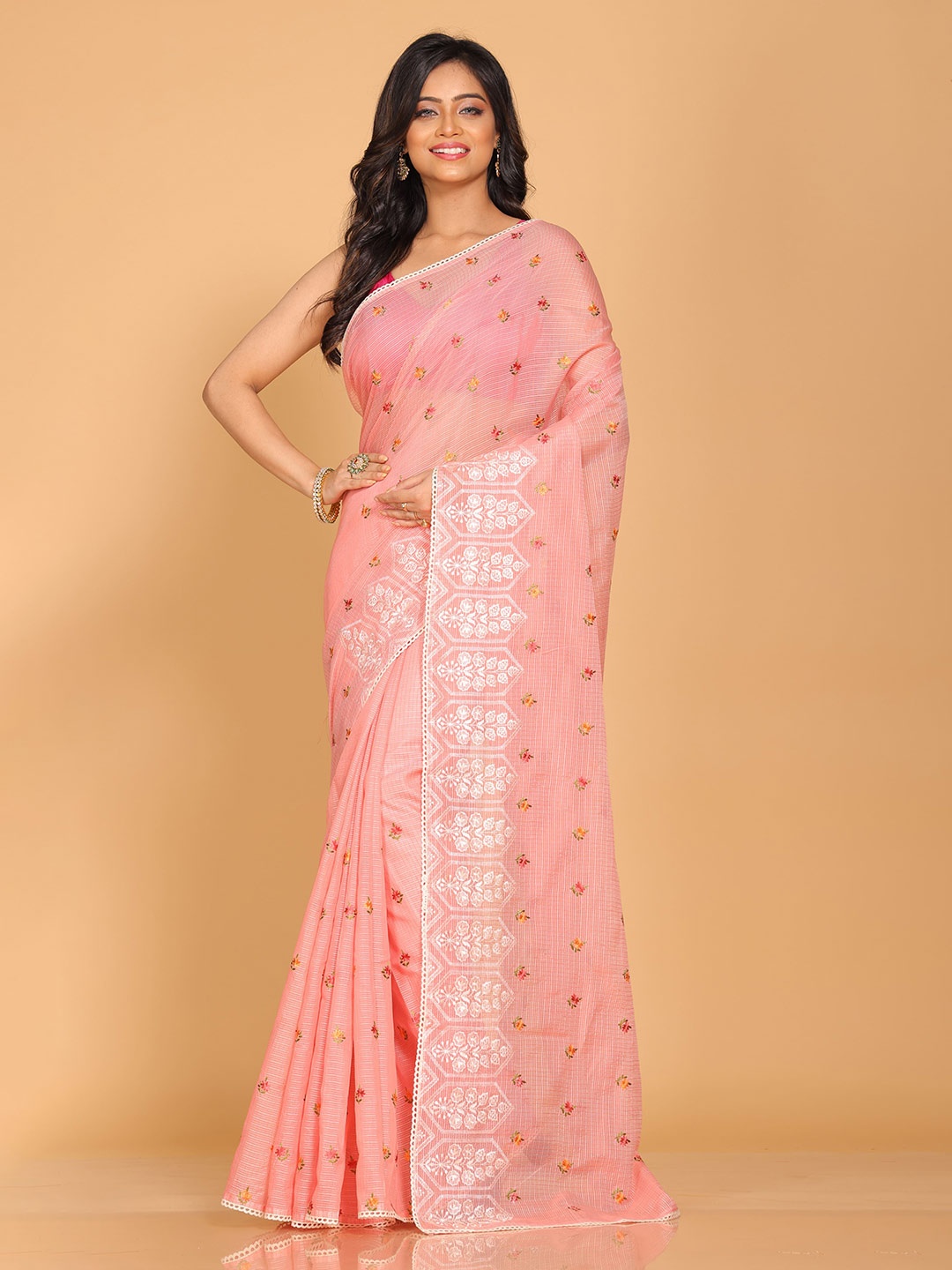 

Morchari Ethnic Motif Embroidered Pure Cotton Saree, Peach