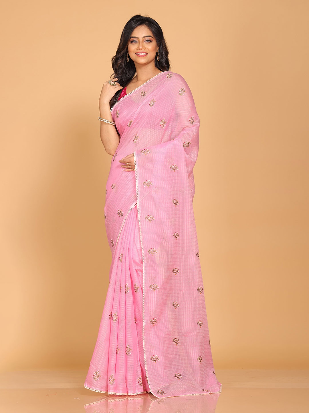 Morchari Pure Cotton Floral Embroidered Festive Saree, Pink