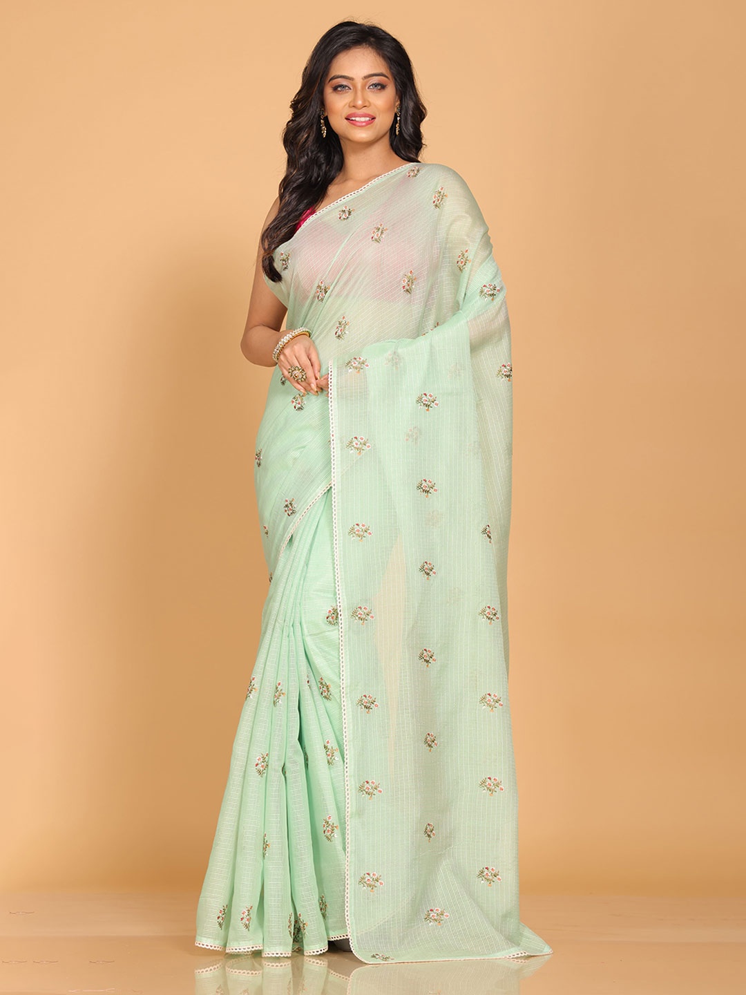 

Morchari Ethnic Motif Embroidered Pure Cotton Saree, Sea green